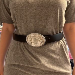 Black genuine leather belt with rhinestone belt buckle